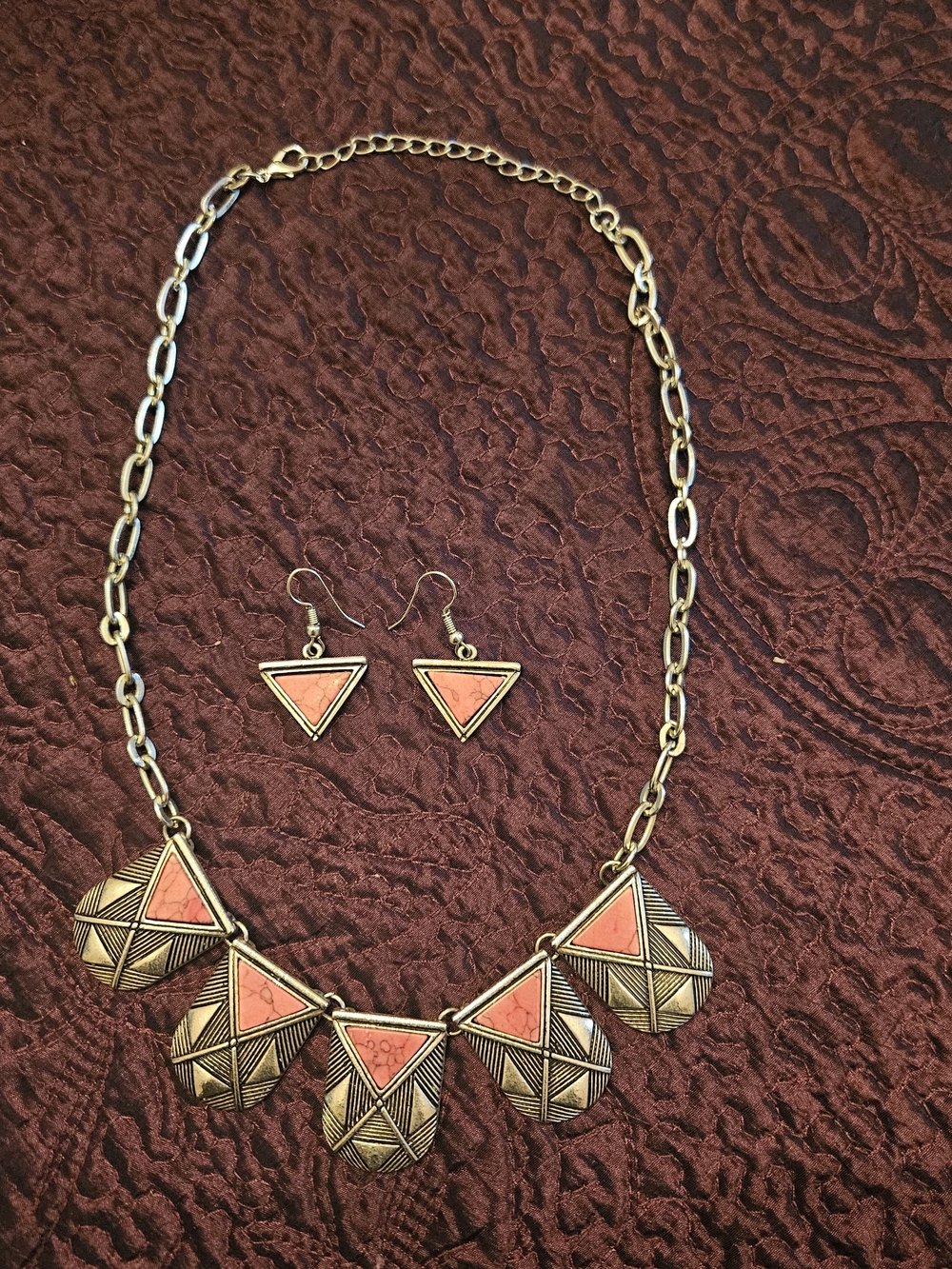 Silver-Tone and Pink Triangle Statement Necklace & Earring Set